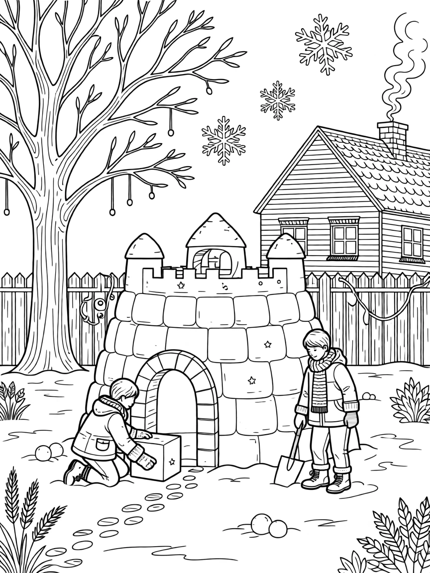 A winter snow fort-building scene in a quiet backyard.