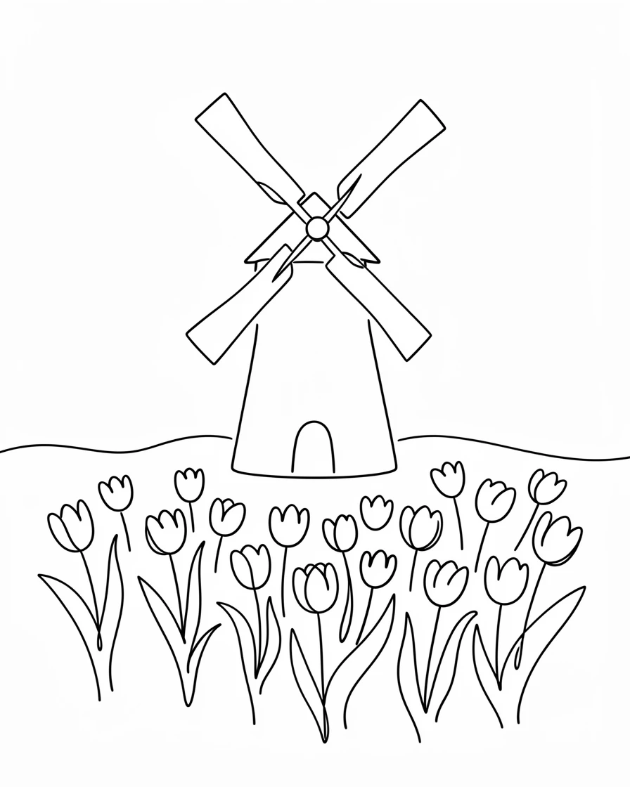 An old windmill standing amid a field of blooming tulips