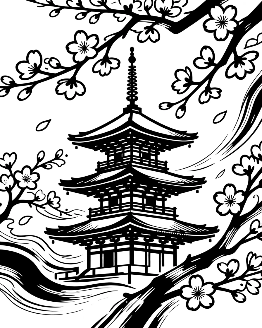 A traditional Japanese pagoda surrounded by blooming cherry blossoms.