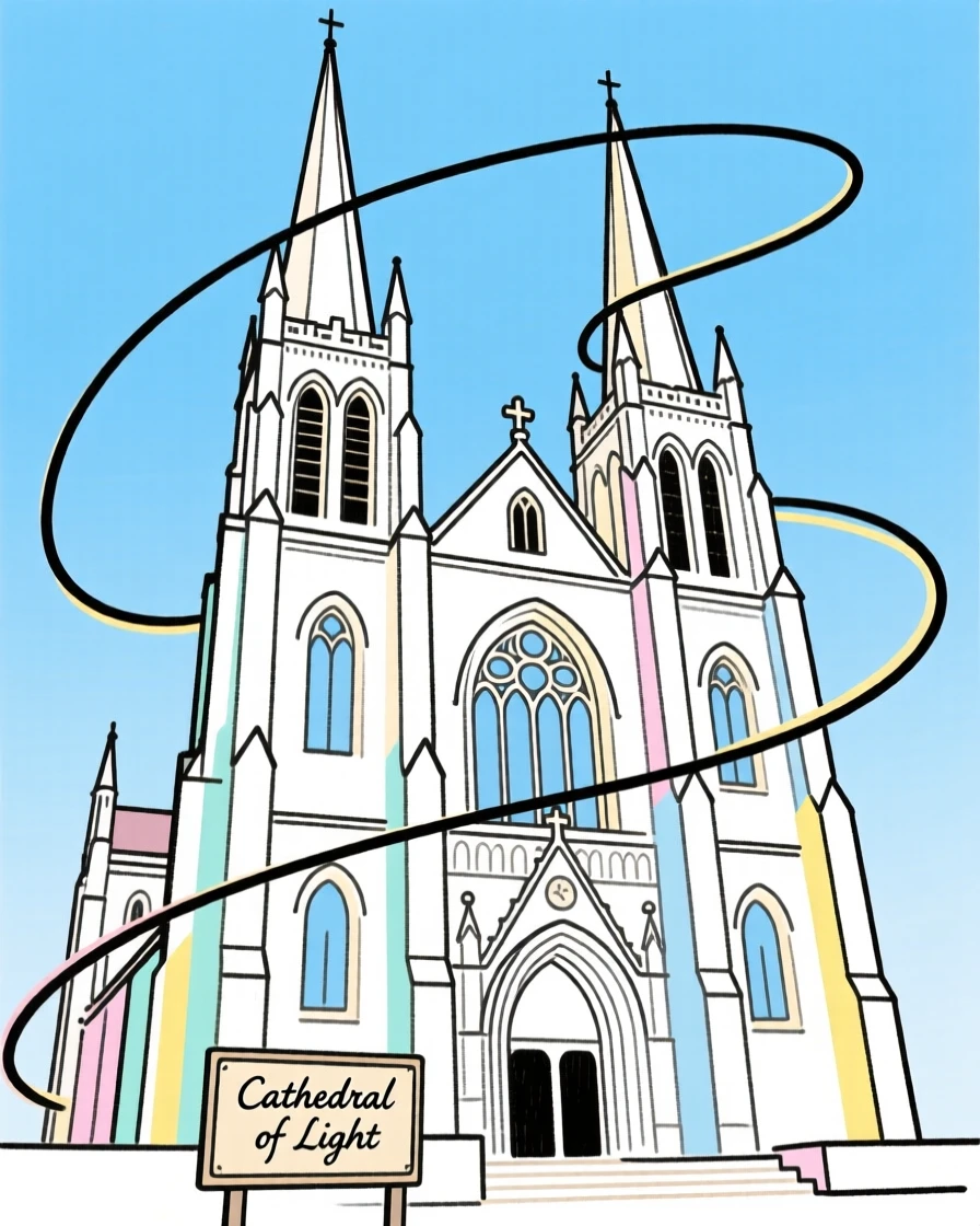 A grand cathedral with towering spires against a clear blue sky.