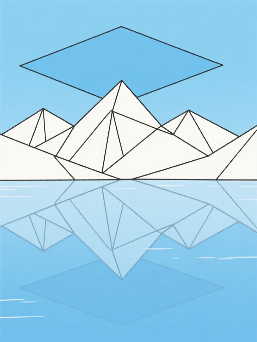 A tranquil mountain lake mirroring a clear blue sky