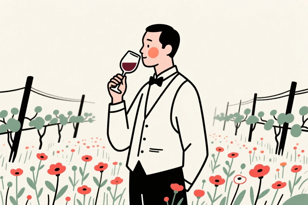 A sommelier tasting wine at a vineyard, radiating quiet confidence, in a field of wildflowers.