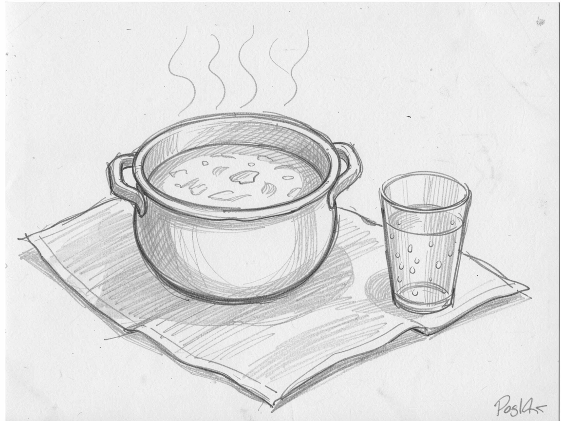 A pot of simmering homemade soup atop a linen tablecloth, with condensation glistening on a nearby glass.