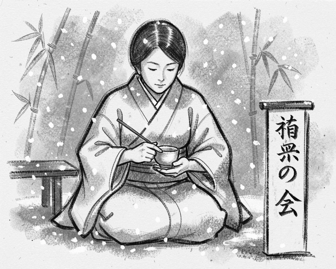 A traditional tea ceremony performed with quiet precision, under a soft blanket of falling snow.