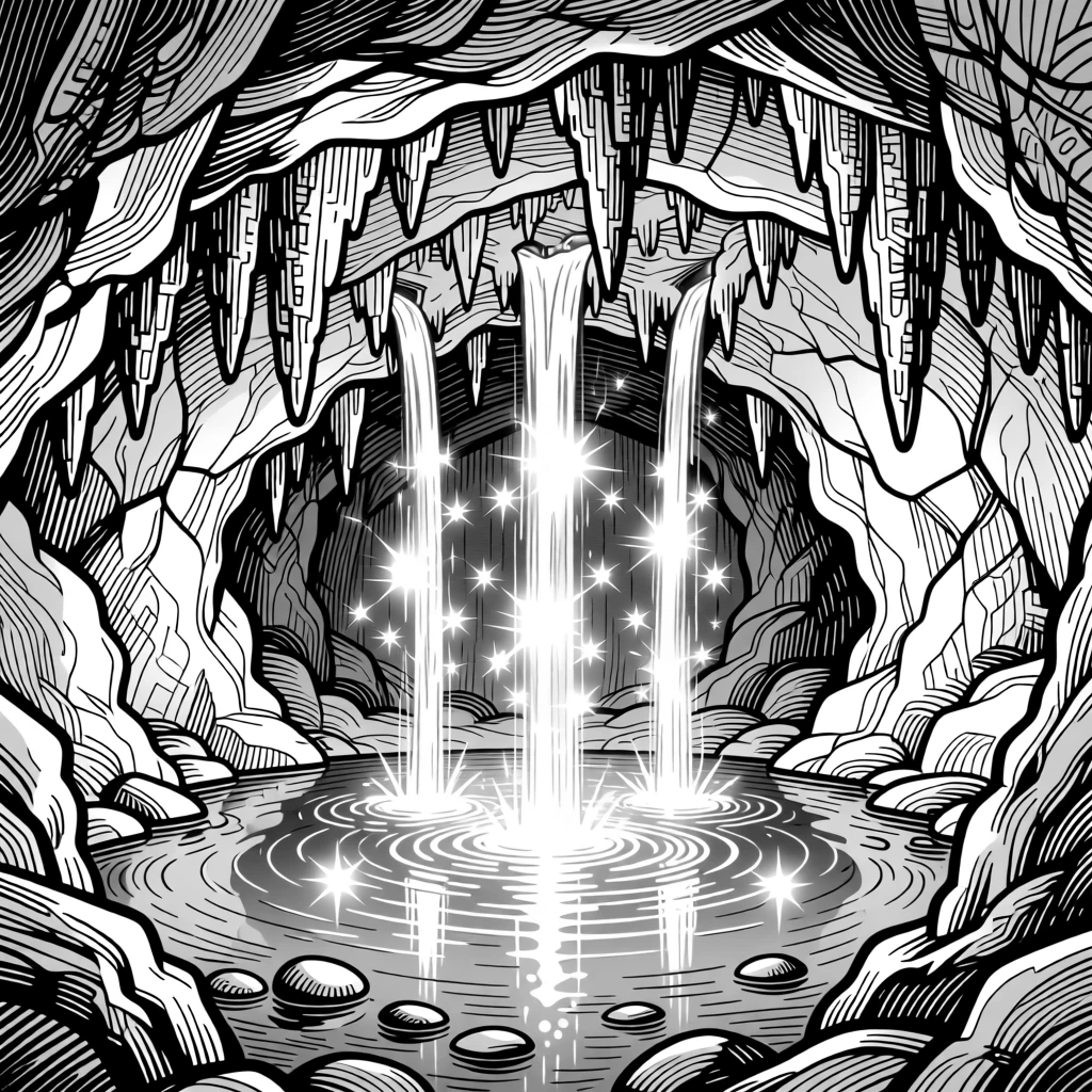 A hidden cave where waterfalls of starlight pour gently into a crystal pool.