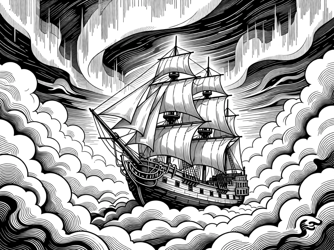 A ship sailing through a sea of clouds under a sky streaked with aurora light, with shadows shaped like whispered stories, forming a richly imaginative fantasy scene.
