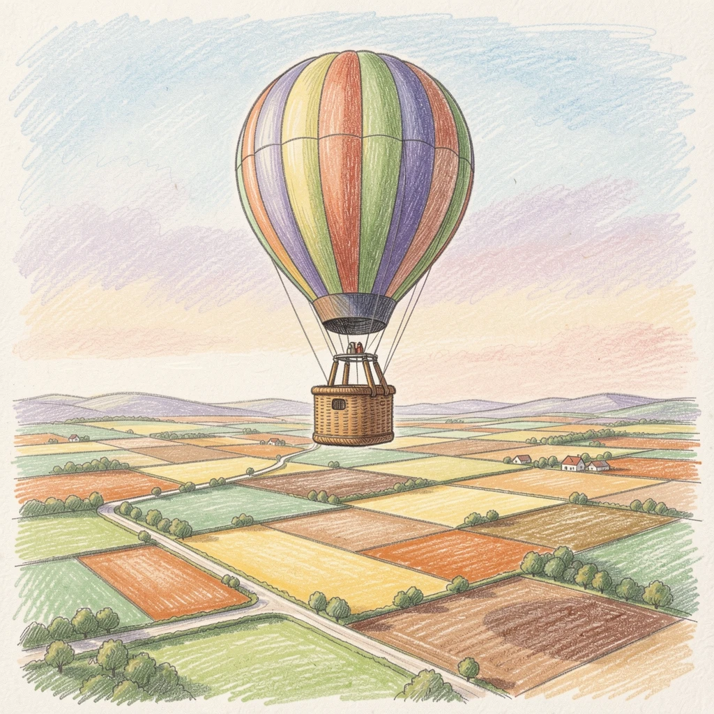 A hot air balloon basket rising above a patchwork countryside, with delicate details that reward a closer look, evoking nostalgia and a deep sense of contentment.