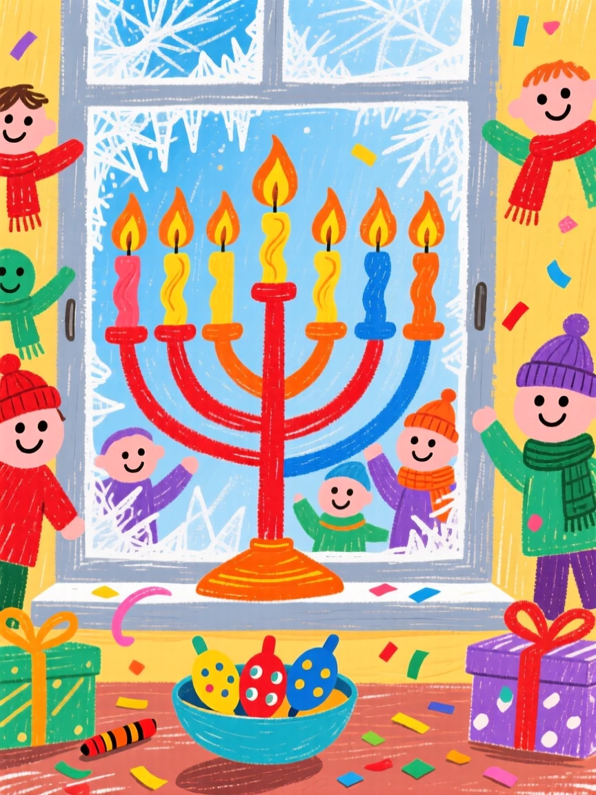 A menorah in a frosted window displayed at the center of a festive gathering.