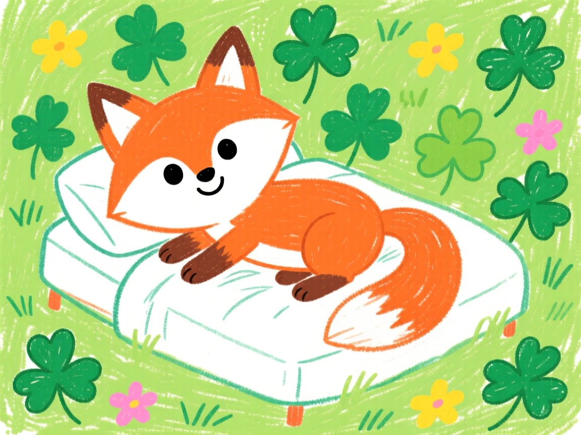 A curious fox kit resting on a bed of clover.