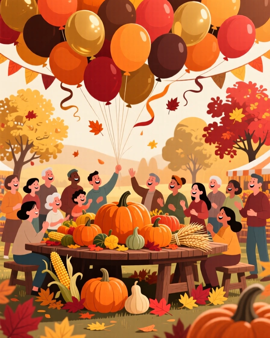 A festive harvest festival with pumpkins and autumn decorations, set beneath a canopy of festive balloons, framed to capture the festive atmosphere in full detail, with a joyful sense of togetherness and celebration.