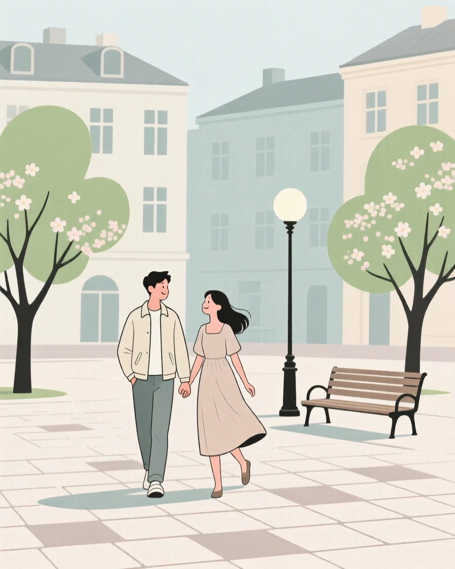 A spring scene of a couple walking in a city square.