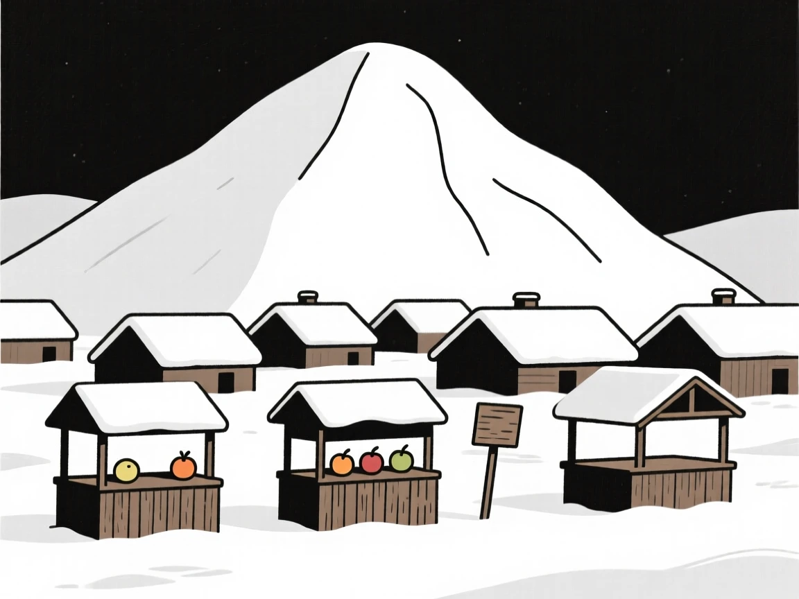 A mountain village, transformed by blanket of fresh snow, with a wooden fruit stand scattered throughout, captures seasonal renewal.