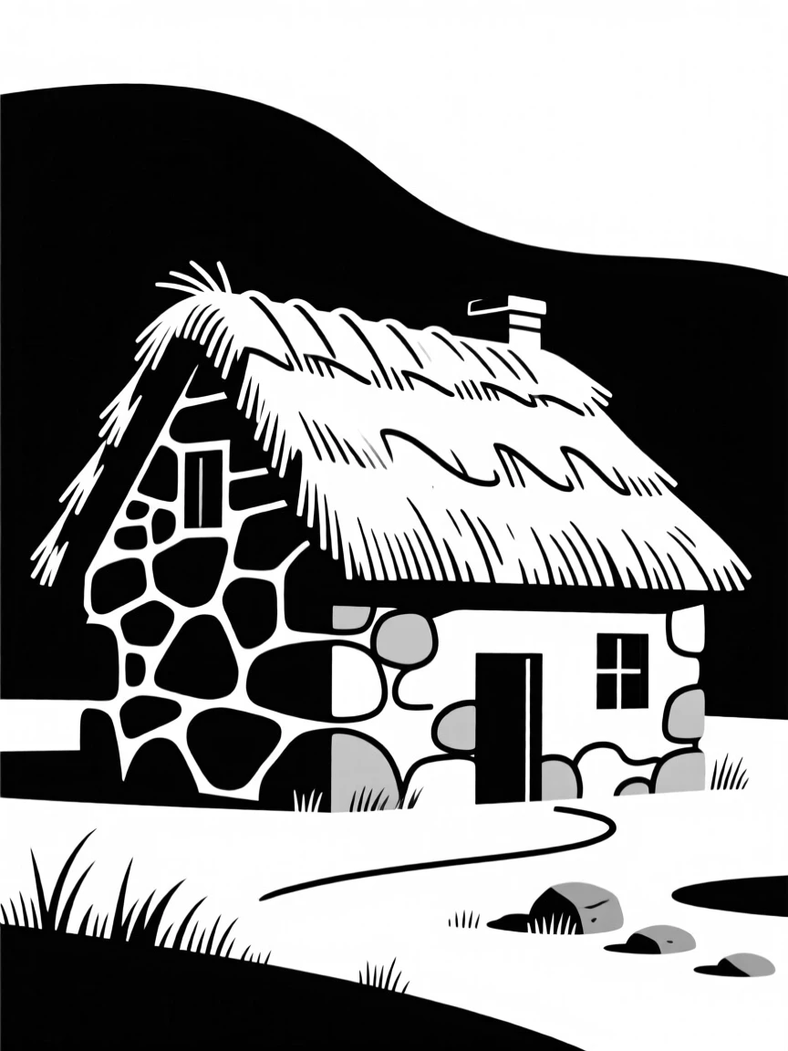 A rustic stone cottage with a thatched roof.