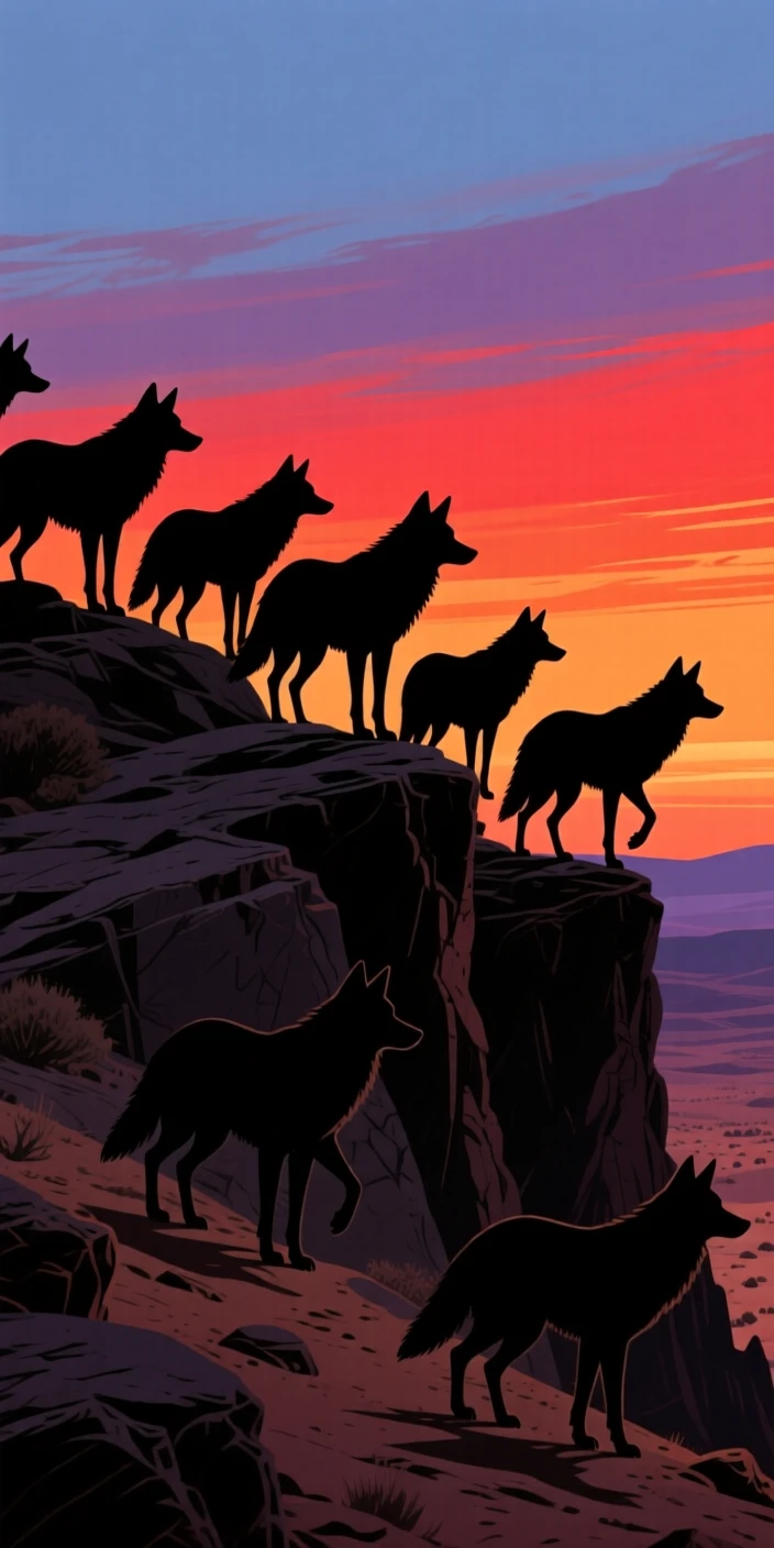 A pack of coyotes silhouetted on a desert ridge at dusk.