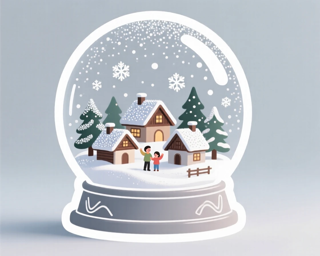 A sparkling and celebratory snow globe with a tiny winter village inside, with a light dusting of glittering snow, at a joyful family gathering.