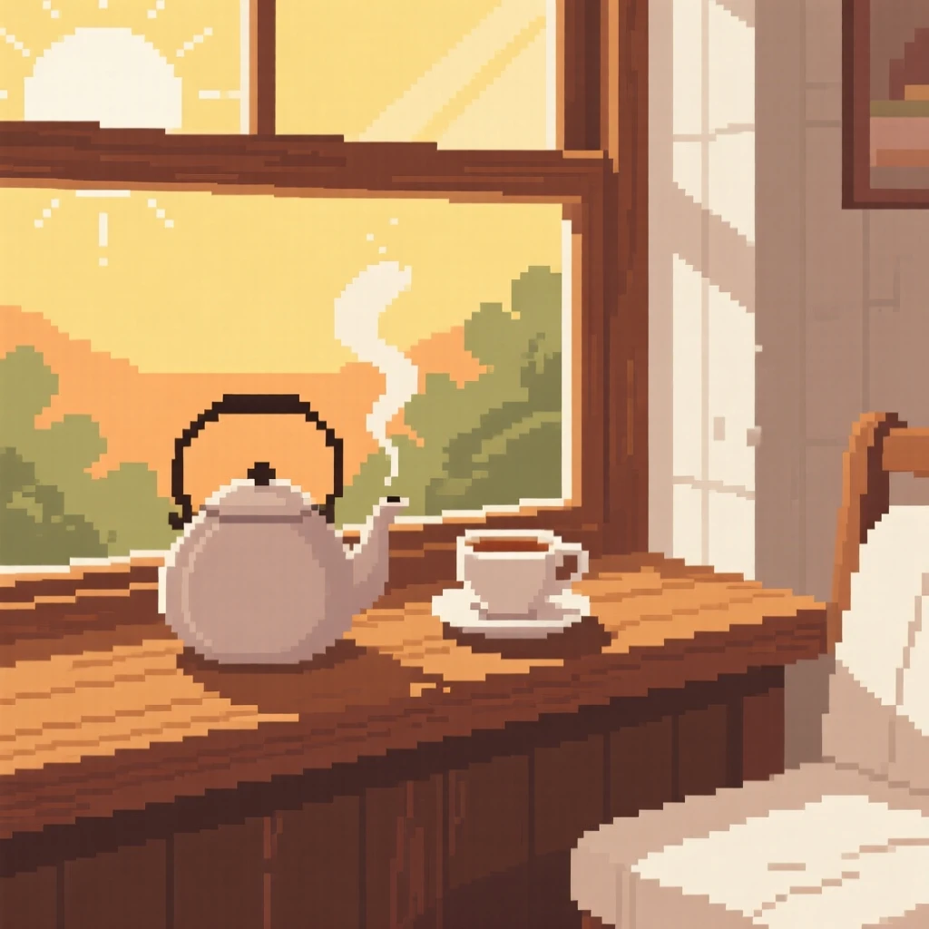 A tea set with a steaming pot placed on a windowsill to cool, in a sunlit breakfast nook.