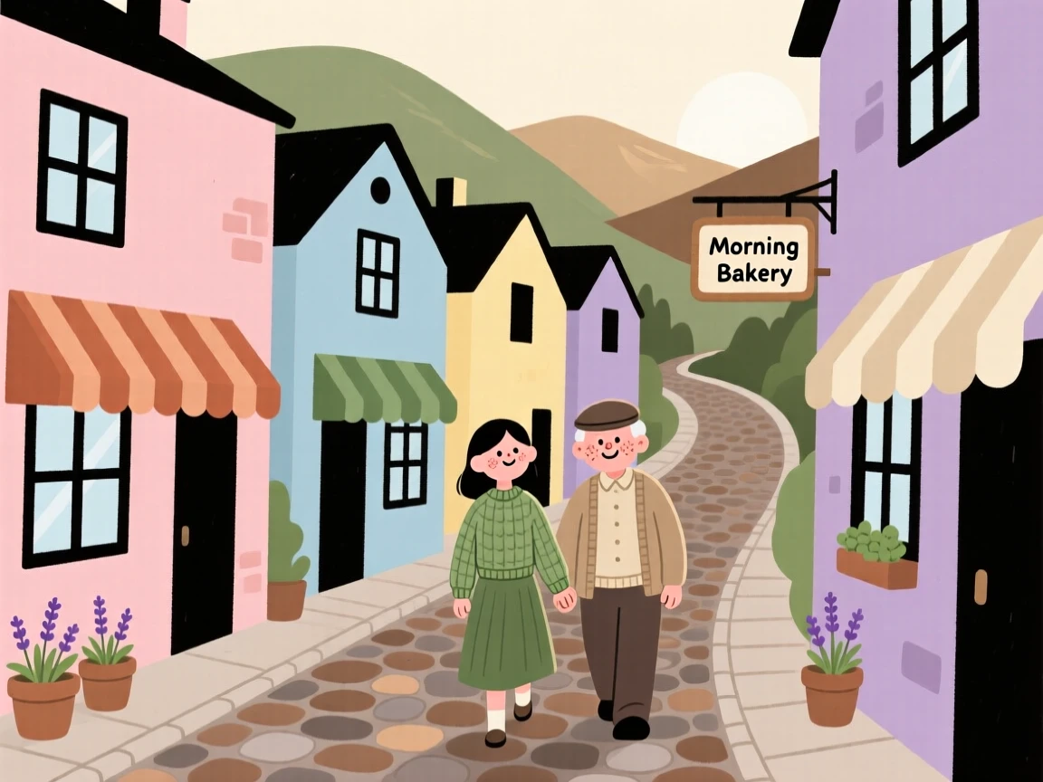A narrow winding street winds through a small mountain hamlet lined with pastel-colored houses and striped awnings, quiet in the early morning light.