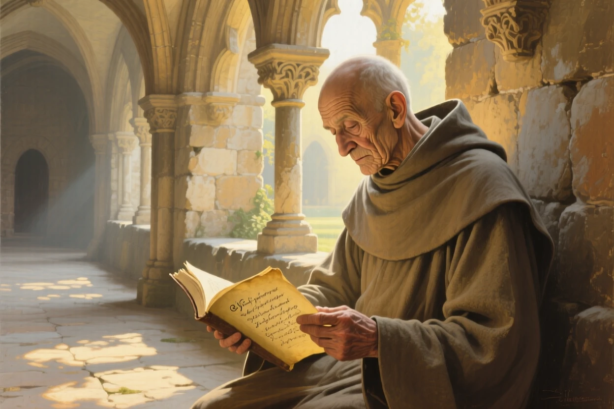 A close-up portrait of an old monk reading scripture in a sunlit stone cloister, in the height of summer, in early morning light.