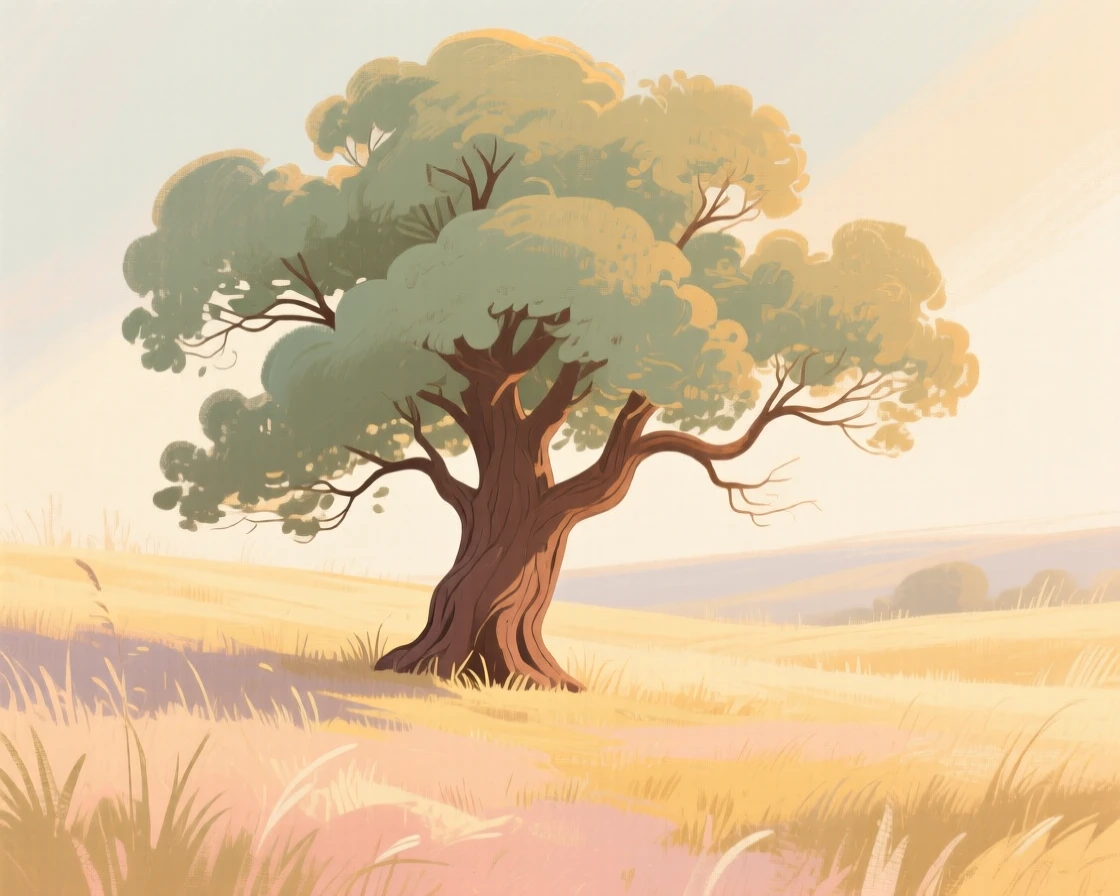 An ancient oak tree standing alone in a golden meadow