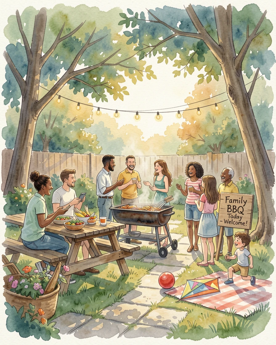 A family reunion barbecue in a backyard.