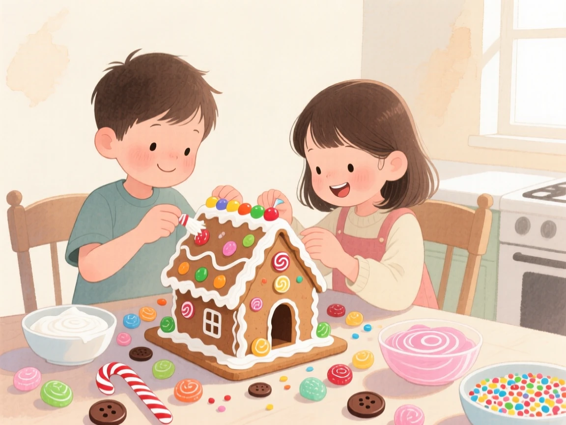 Two children decorate a gingerbread house together at a kitchen table covered in candy and frosting