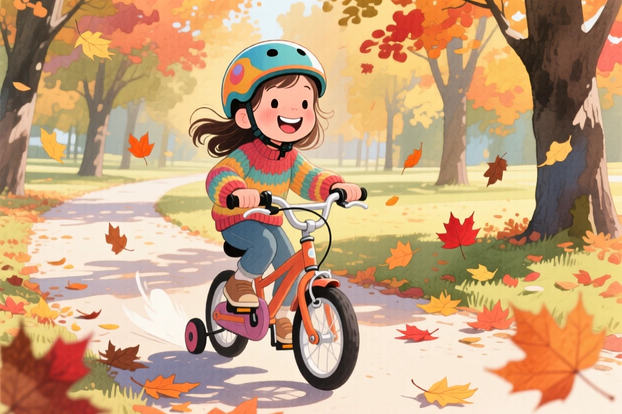 A young girl with a gap-toothed smile riding a bicycle with training wheels down a quiet lane, in a park filled with autumn leaves, capturing the pure joy of childhood wonder.