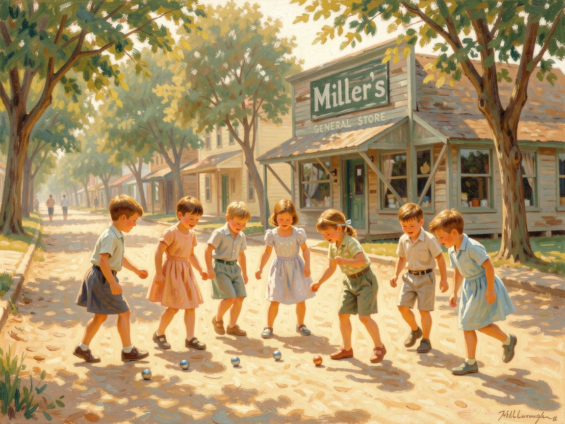 A group of children playing marbles on a dusty small-town street in the early twentieth century, during the height of summer, radiating joy and gentle celebration.