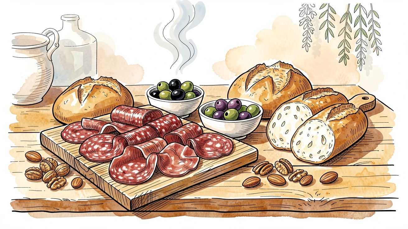 A rustic charcuterie spread with olives, nuts, and crusty bread, steam curling gently into the warm kitchen air.
