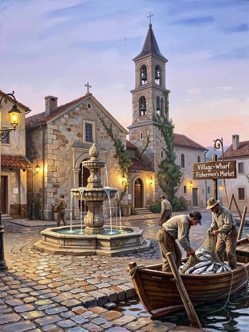 A cobblestone village square with a central fountain, fishermen unloading their catch at the harbor, beside an old stone church with a tall bell tower, under soft evening light with lanterns beginning to glow.