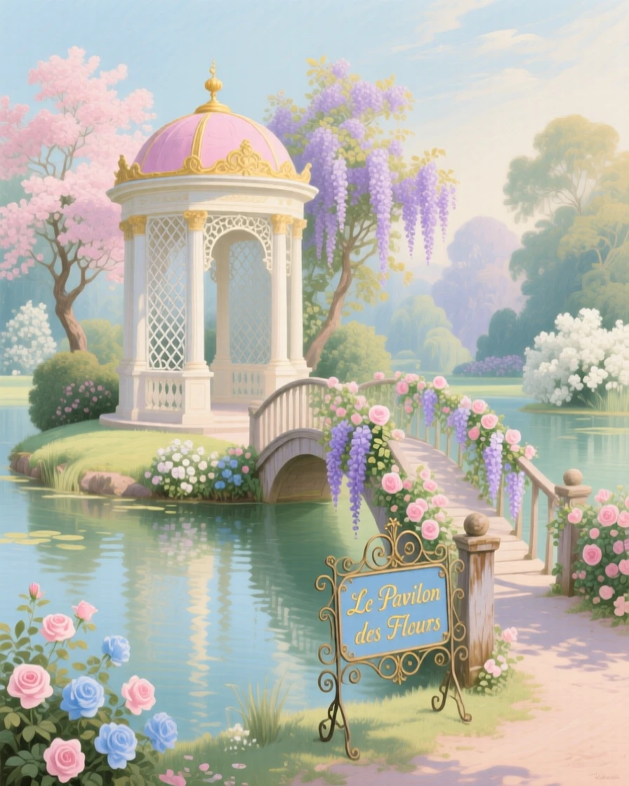 A small island pavilion reached by a flower-covered footbridge  