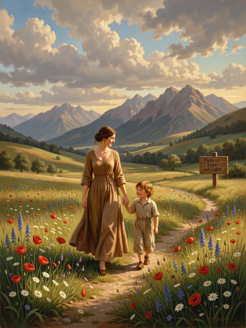 A mother and child walk hand in hand through a field of wildflowers.