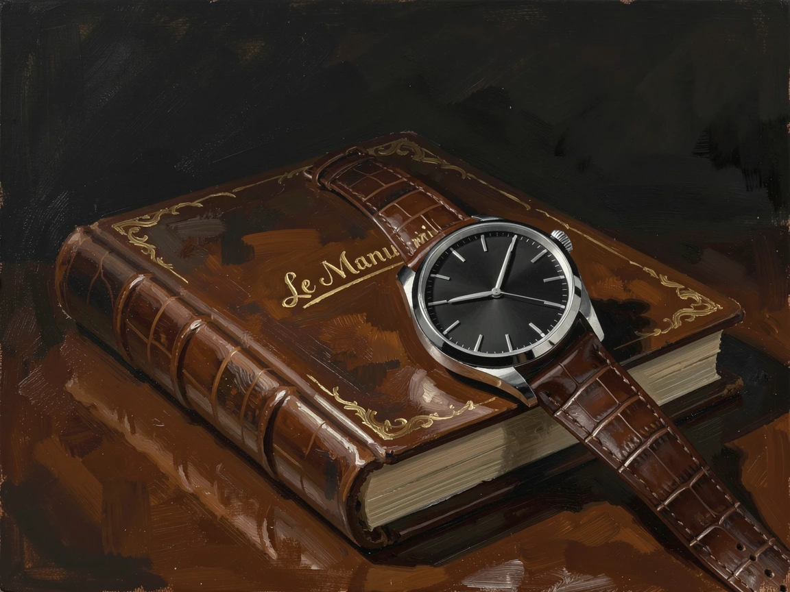 A luxury wristwatch resting beside a folded leather-bound journal, with rich, deep colors adding a sense of opulence, designed as a sophisticated piece for upscale interior decor