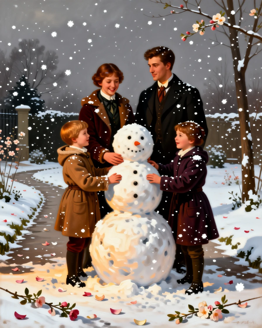 A young family building a snowman together in a fresh snowfall as laughter and love fill an otherwise ordinary afternoon, set beside a garden path scattered with fallen blossoms, with small, telling gestures like a held hand or a shared glance; warm, low light wraps the family in a comforting glow, evoking pure, unguarded tenderness and love.