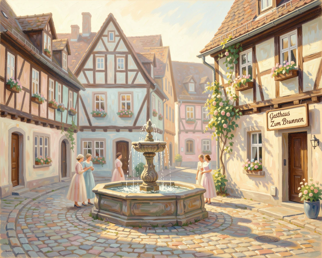 A charming half-timbered village square in Germany with a bubbling fountain at its center, radiating joy and gentle celebration.