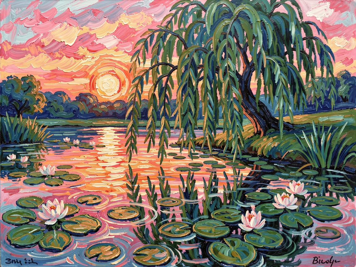 A lily pond reflecting the pink glow of sunset behind a weeping willow.