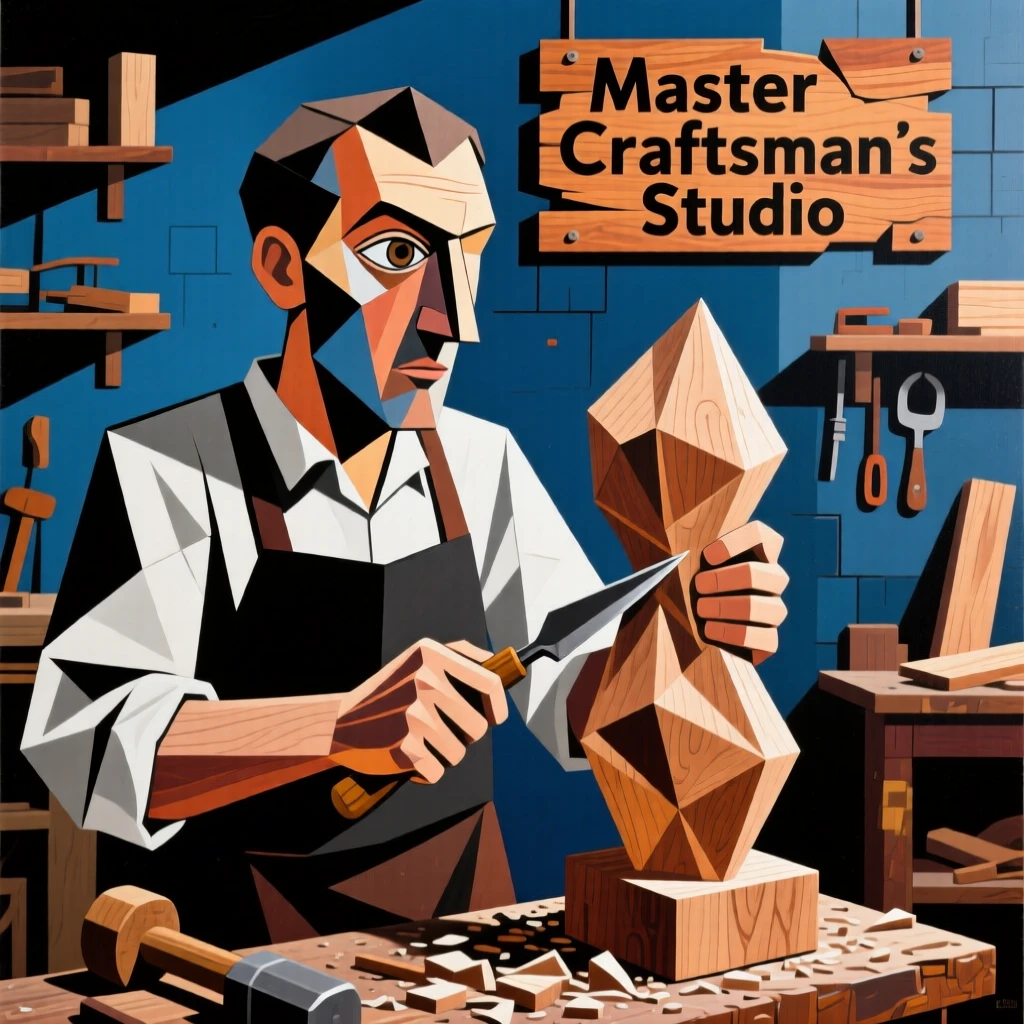 A craftsman carefully carving an intricate wooden sculpture in his workshop.