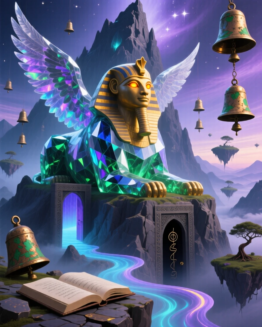 A sphinx guarding a doorway carved into the base of a mountain guards a hidden path that few have ever found, while distant bells seem to ring without any wind.