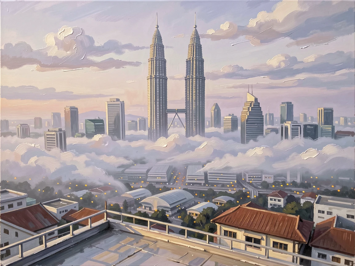 A misty aerial view of Kuala Lumpur shows the Petronas Towers piercing through low clouds at dawn, city lights fading as morning arrives, the composition balancing a wide sweeping view with intimate, carefully observed foreground detail.