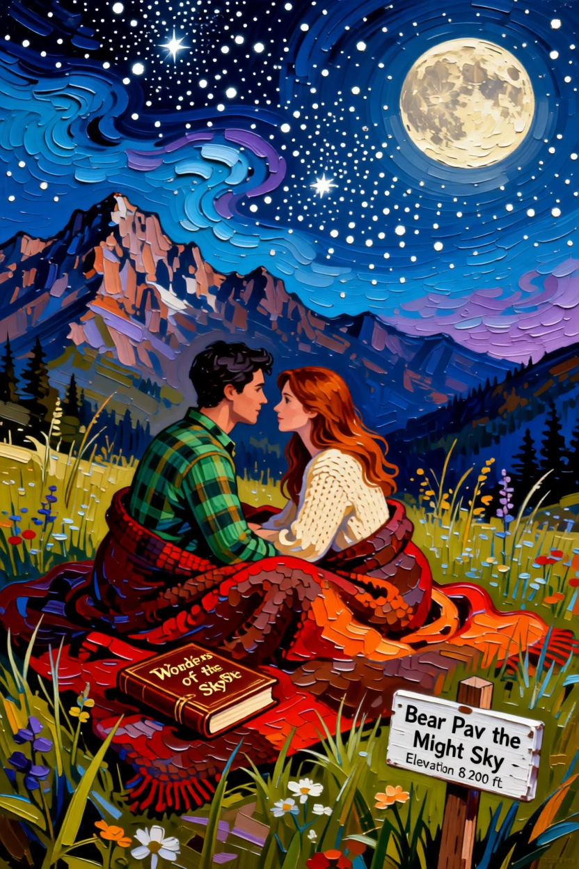 A couple stargazing together on a blanket in a remote mountain meadow