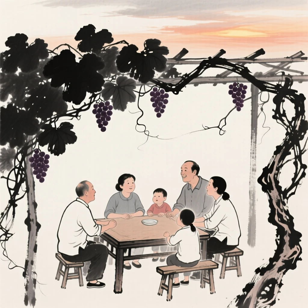 A family gathers around a table beneath a trellis of hanging grapevines, beneath a sky tinged with the warm colors of evening.