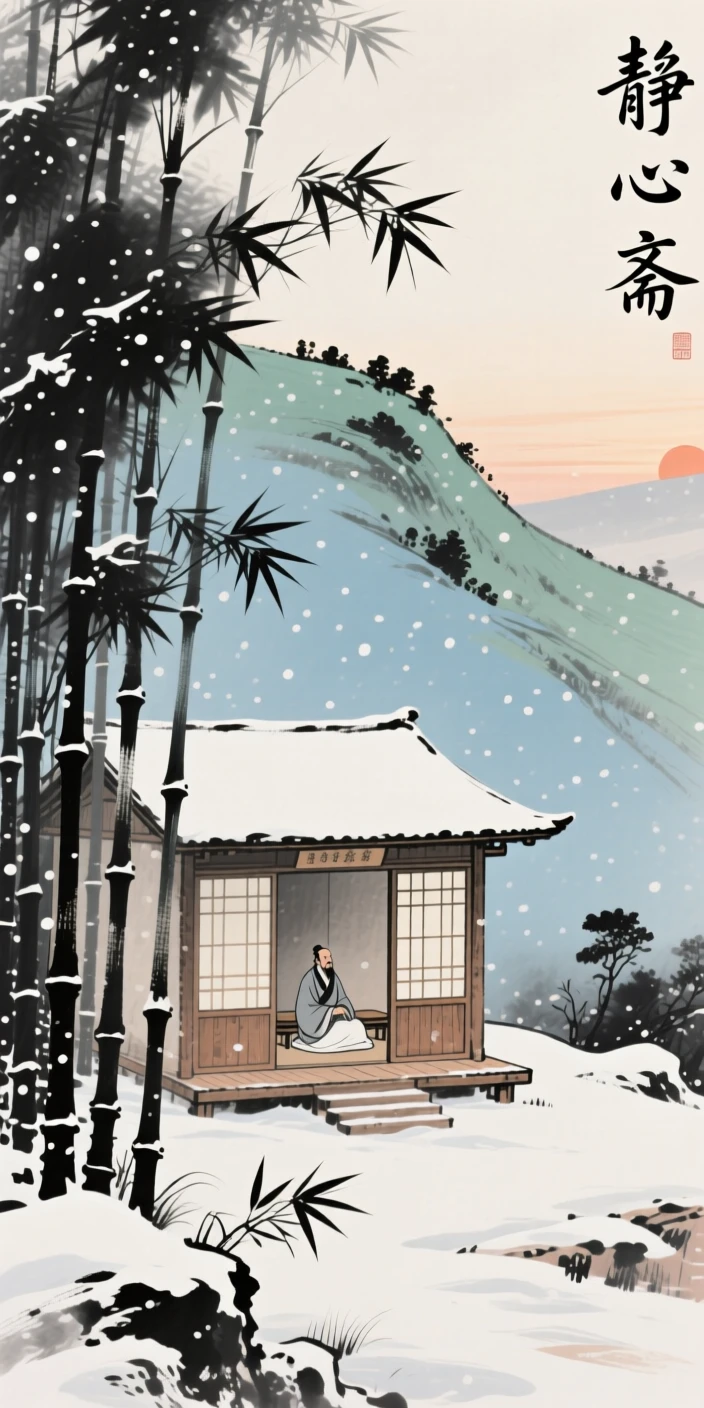 A scholar's studio nestled among bamboo on a quiet hillside, in the quiet hour before sunrise, full of quiet reverence, beneath softly falling snow.