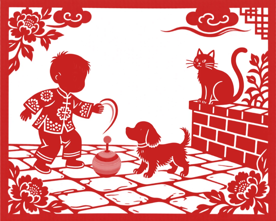 A boy and his puppy, spinning a colorful top on a stone floor, a cat watching curiously from a garden wall.