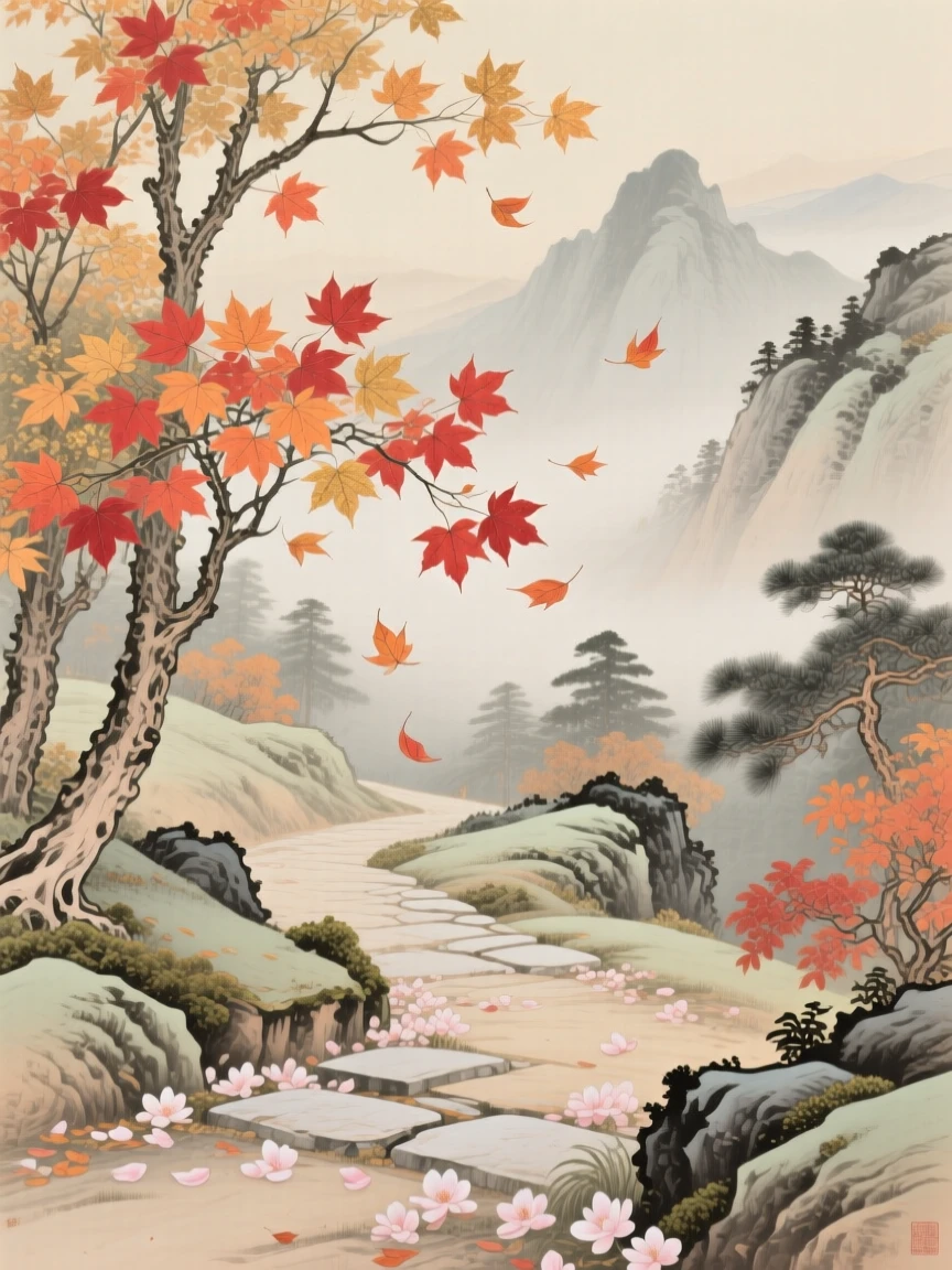 Maple leaves swirling in the wind along a mountain path in autumn, as a gentle breeze scatters petals across the ground