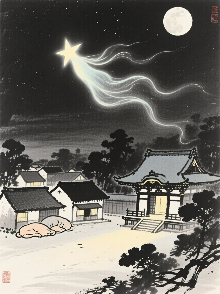 A star-spirit drifting above a sleeping village beside a moonlit temple courtyard, balanced with soft negative space around the central figure, suggesting ancient legend brought gently to life.