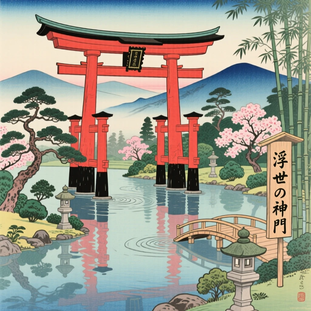 A floating temple gate with manicured gardens and reflecting pools.