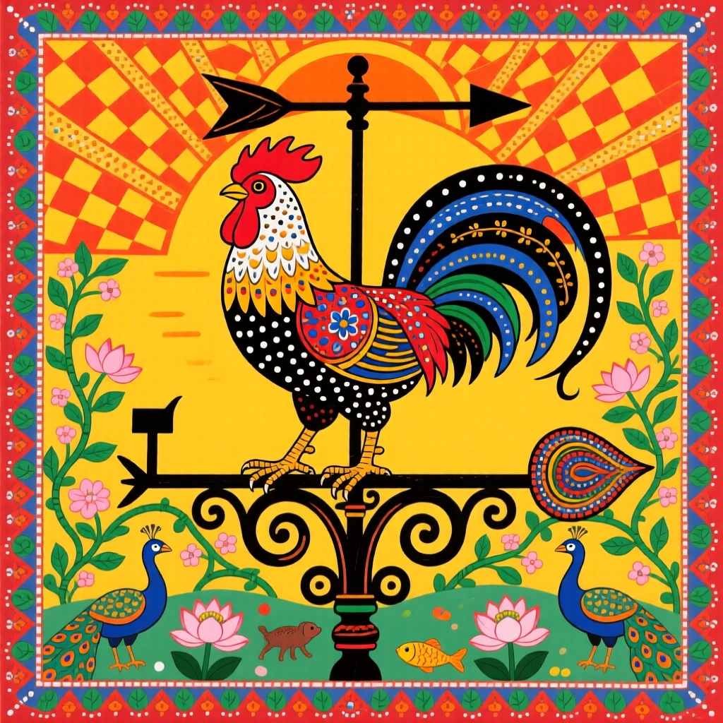 A rooster perched proudly atop a weathervane at sunrise.