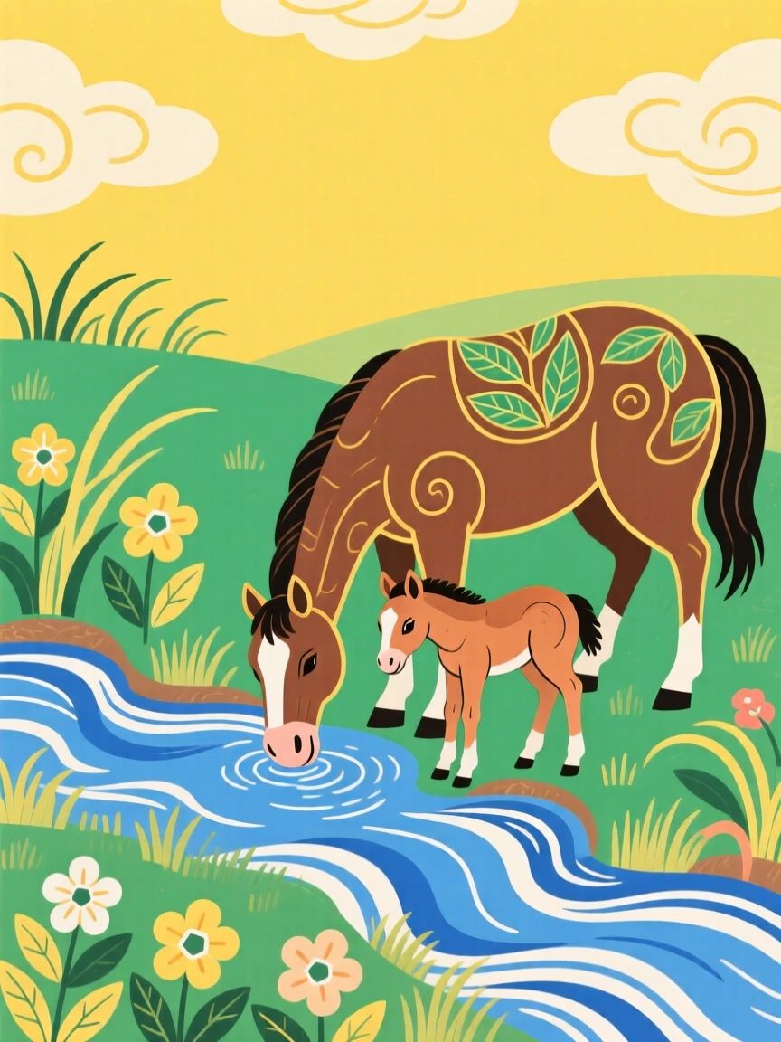A young foal beside its mother drinking from a stream on a summer afternoon.