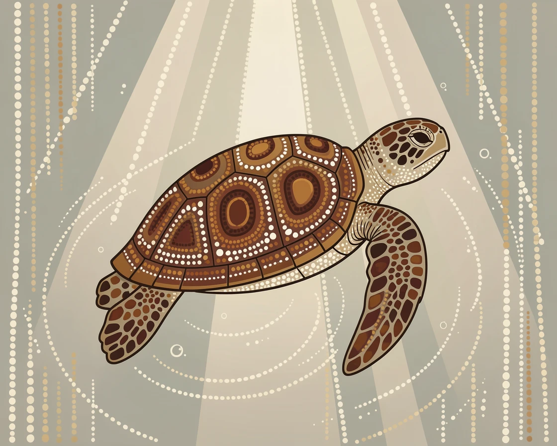 A sea turtle illuminated by shafts of underwater light