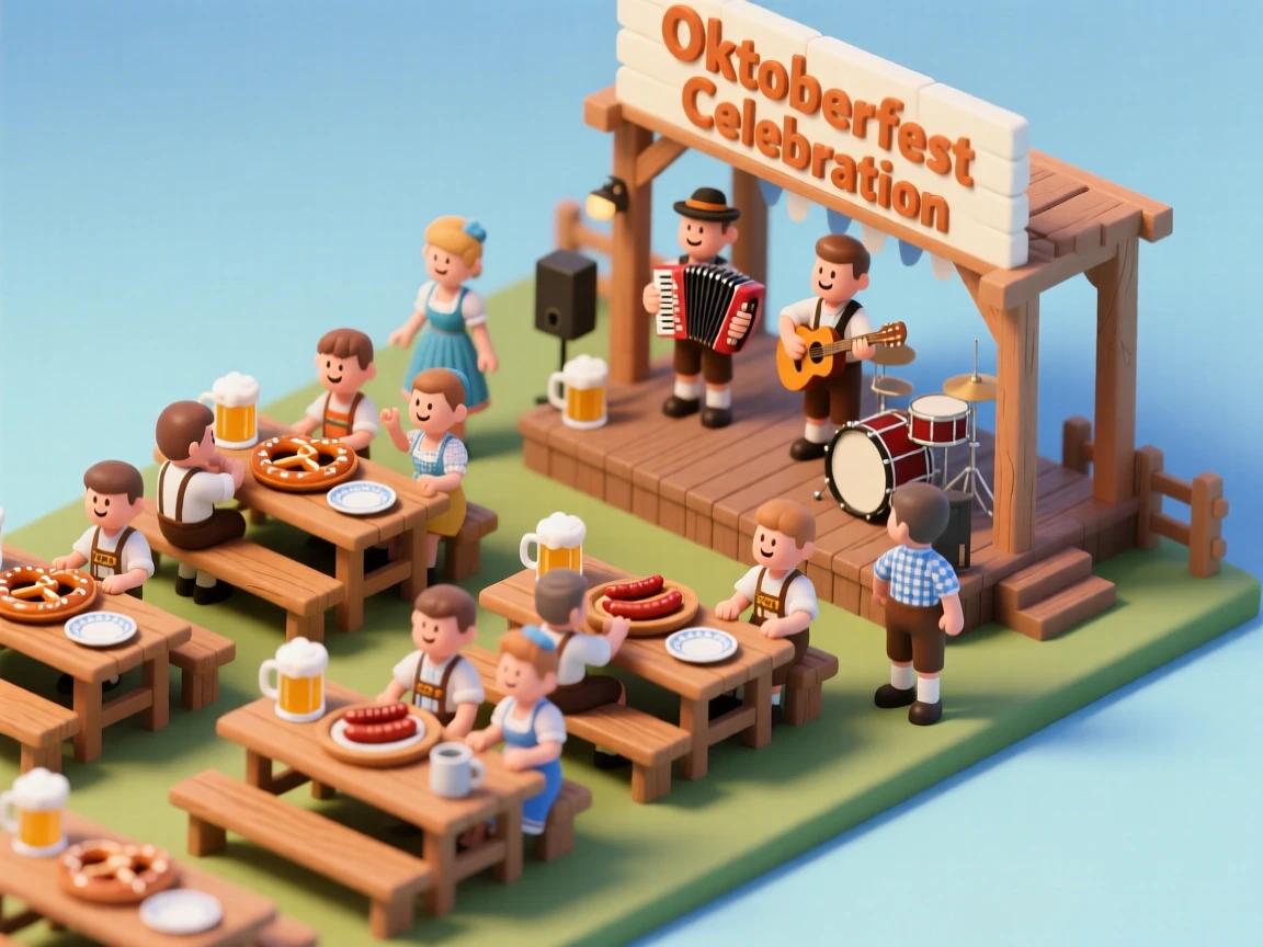 An Oktoberfest beer garden celebration with long tables, pretzels and sausages served, and a band playing traditional music.