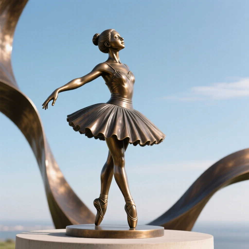 A young ballerina taking her final bow to a standing ovation, set against a vast, open sky, forming a strong central focal point